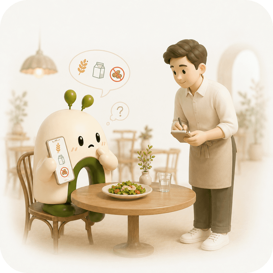Nomi character confused by a restaurant menu abroad